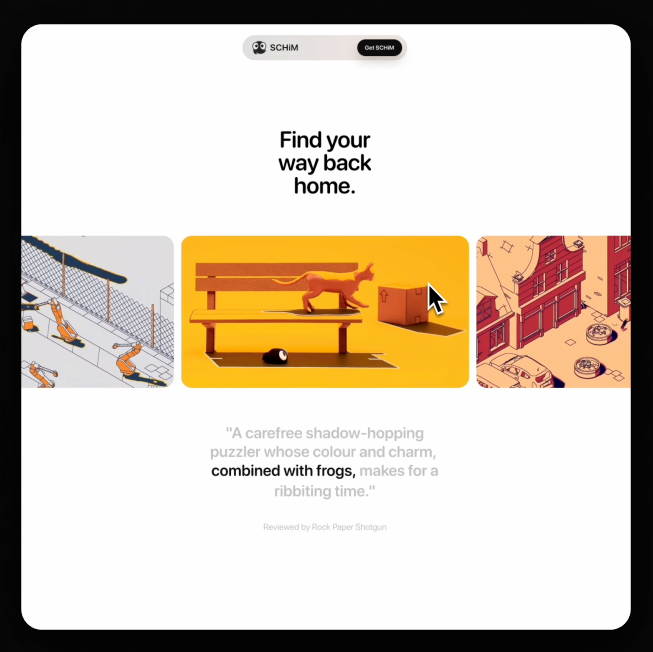 SCHiM Game Landing Page character framer game game ui hero section landing page minimal motion scroll animation text animation video hero web design webflow website yellow