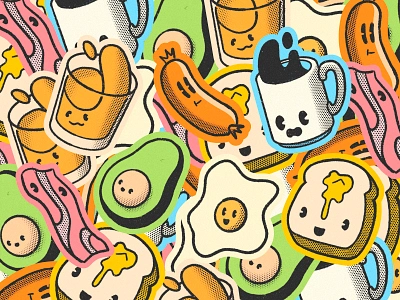 Breakfast friends avocado bacon breakfast cartoon character coffee egg food friends handmade illustration juice orange pack pattern sausage sticker tasty toast vintage