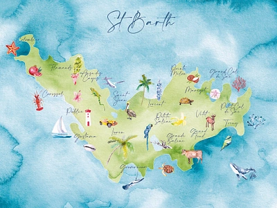 Watercolor of Saint-Barth: Map // Illustration aquarelle art drawing illustration painting