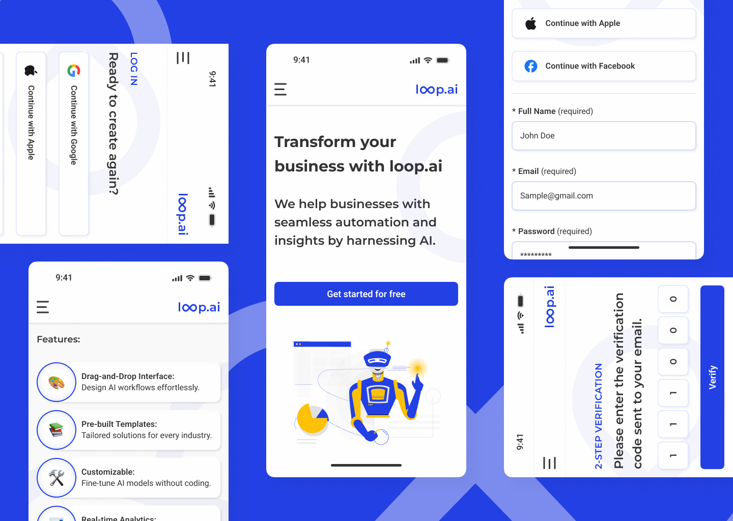 Seamless Onboarding & Security for Loop.ai: Lean UX Case Study ai branding design process design reseatch figma landing page lean ux log in logo sign up ui ui design uiux uiux design ux ux design wireframes