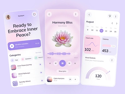 Soulsync - Mediation Mobile App activity body clean exploration gradient health mediation mediation app mobile mobile app relaxing ui ui mobile ui ux yoga