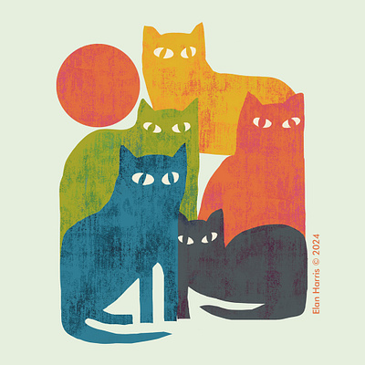 street cats abstract bold cats colorful eyes geometric illustration mid century modern texture