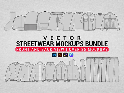 Vector Streetwear Mockups Bundle apparel design apparel mockups baseball cap fashion flat flat design hoodie mockup bundle mockups streetwear streetwear hoodie sweatshirt varsity jacket vector mockups