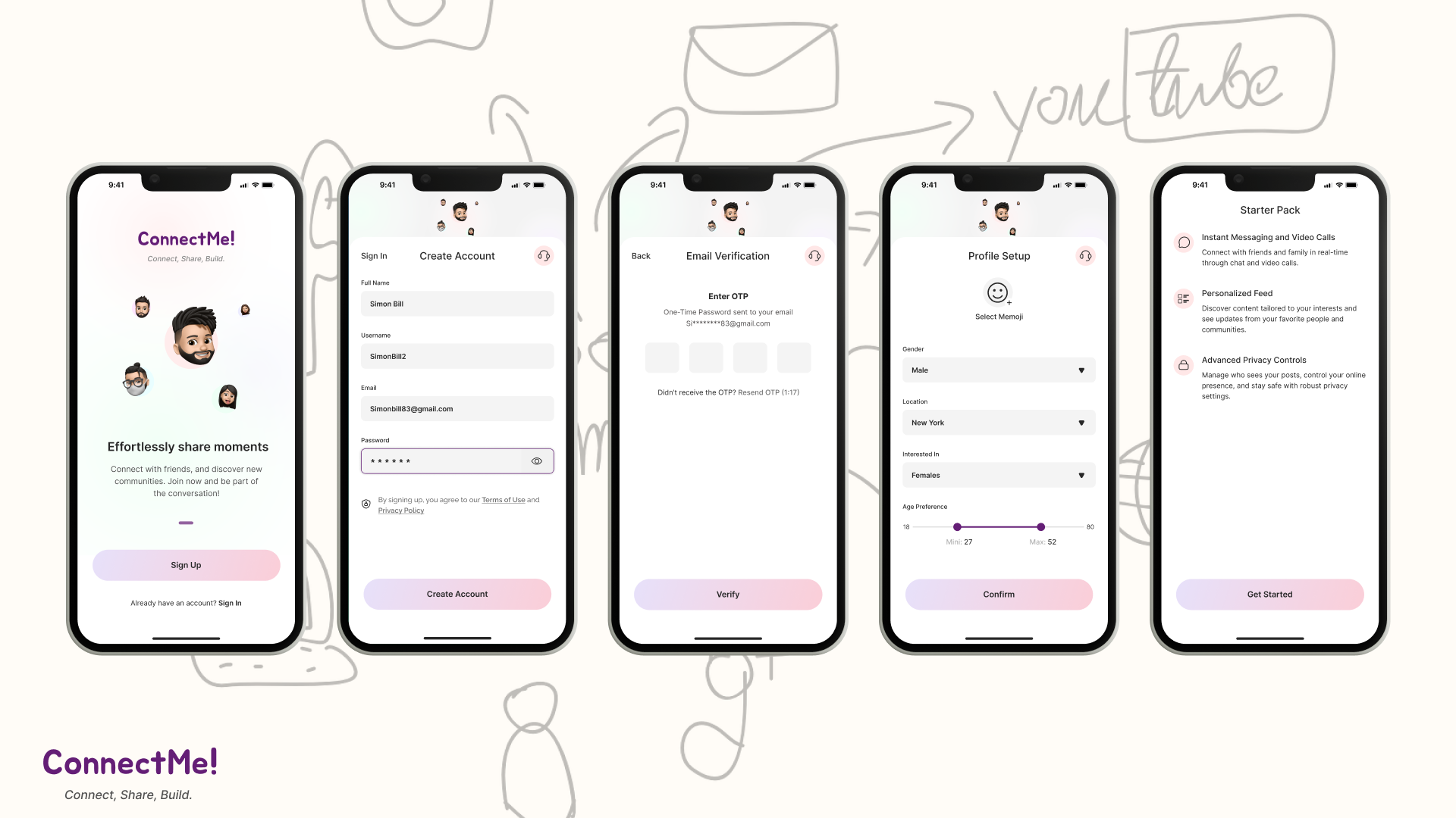 ConnectMe Social App Onboarding 3d animation branding design form graphic design logo motion graphics onboarding sign up social social app ui uiux