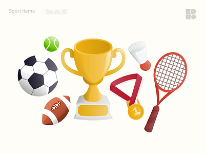 Sport Items 2d badminton football graphic design illustration medals soccer sport tennis trophy