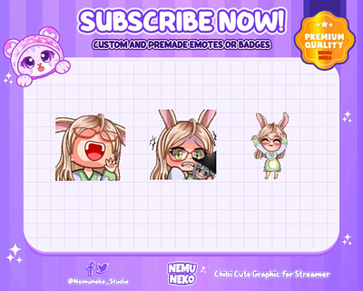 🐰CUSTOM CHIBI EMOTES🐰 animation branding chibi emotes custom design cute emotes design graphic design illustration logo twitch emotes