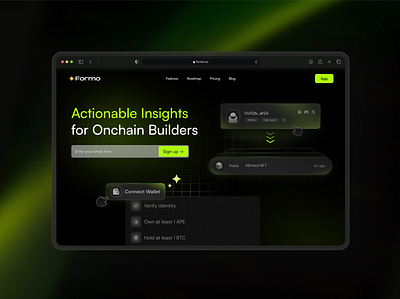 Hero section UI animation blockchain formo framer hero section token gating ui wallet verification web 3