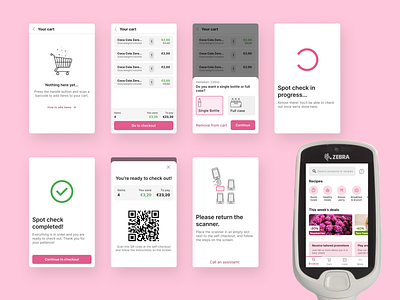 Self-scanning shopping app: Cart basket cart empty cart empty state mobile design product design progress screen scanning scanning device shopping app success screen ui design ux design