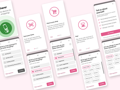 Self-scanning shopping app: Onboarding carousel default and selected states mobile design onboarding personalised preferences product design pulse scanning self scanning shopping shopping app ui design ux design