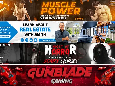 I will design an eye catching youtube banner, facebook, twitter, banner facebook cover graphic design youtube banner youtube banner logo youtube cover