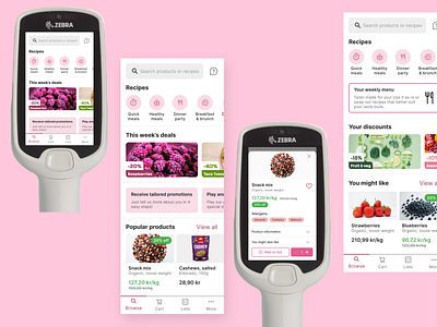 Self-scanning shopping app: Explore discover explore page home inspiration item details mobile design product design scanning shopping shopping app ui design ux design widget design