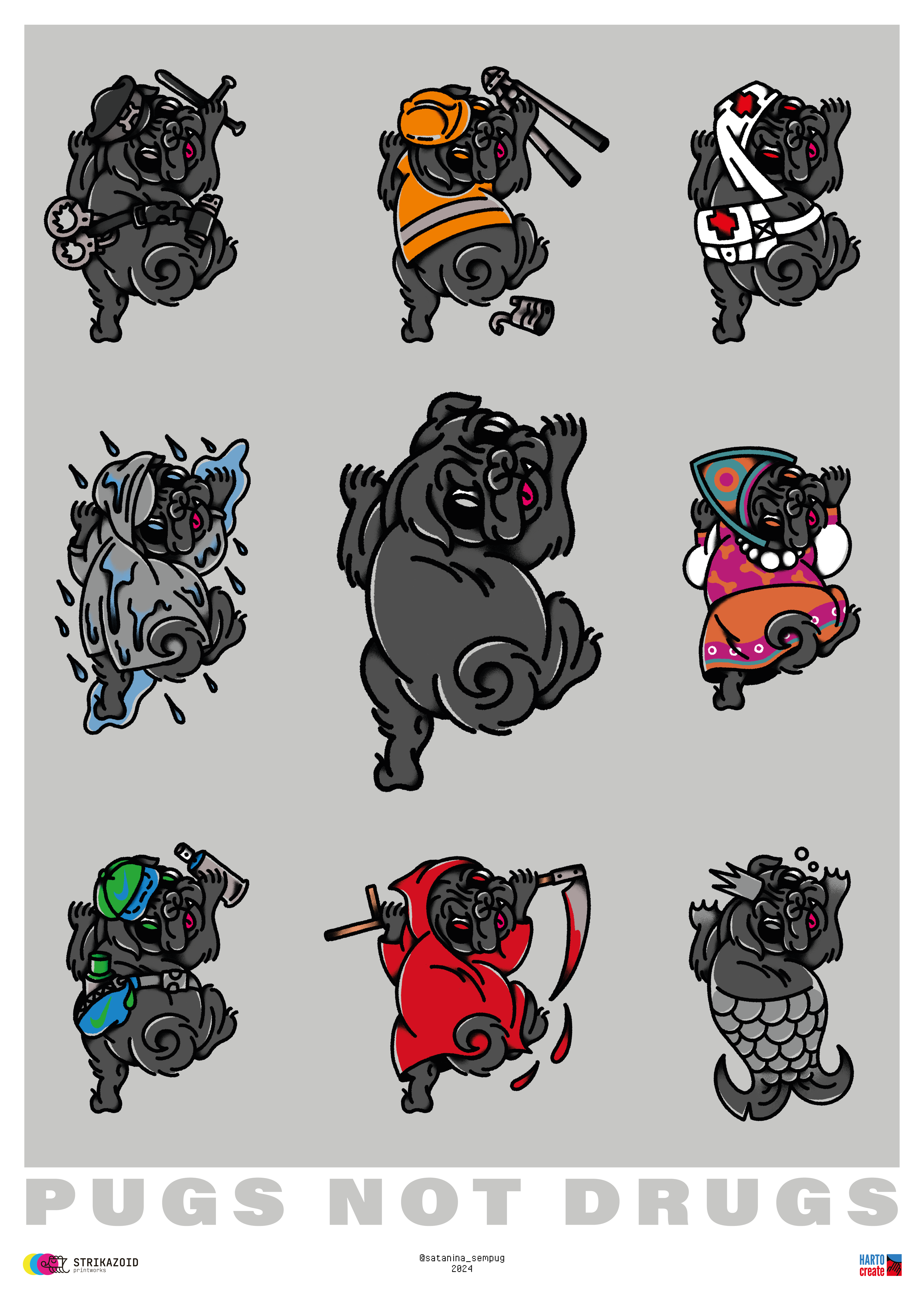 PUGS NOT DRUGS graphic design illustration poster print