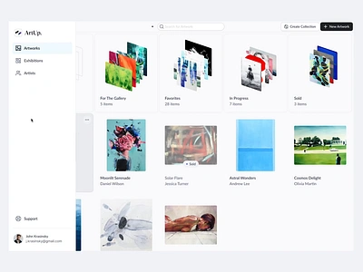 Artworks management for artists and collectors animation artworks managment dark theme grid table ui
