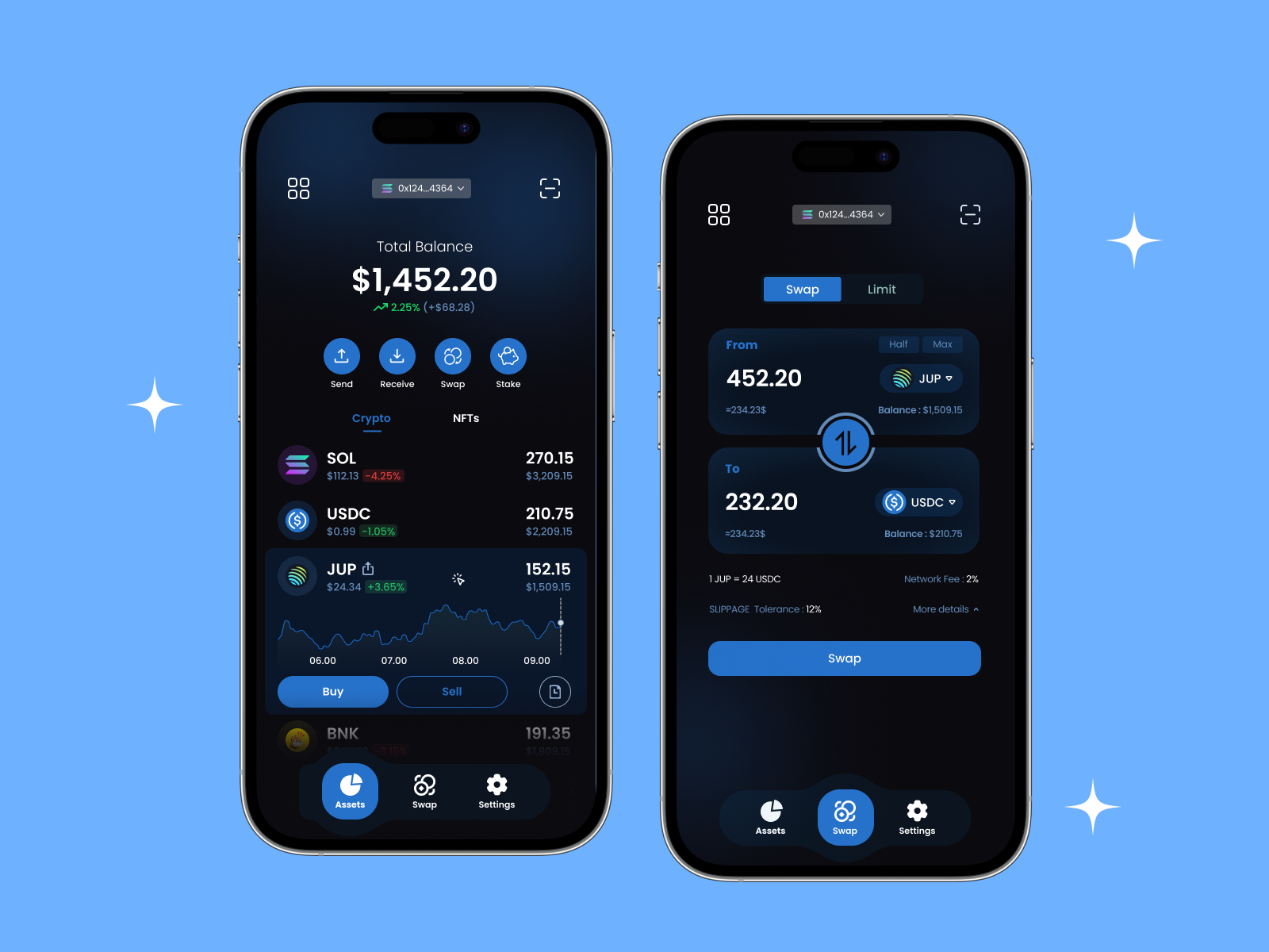 Crypto Wallet UI app design asset management blockchain crypto crypto app crypto wallet cryptocurrency dark theme digital wallet fintech interface design mobile app mobile design modern design real time data solana trading app ui design user interface ux design