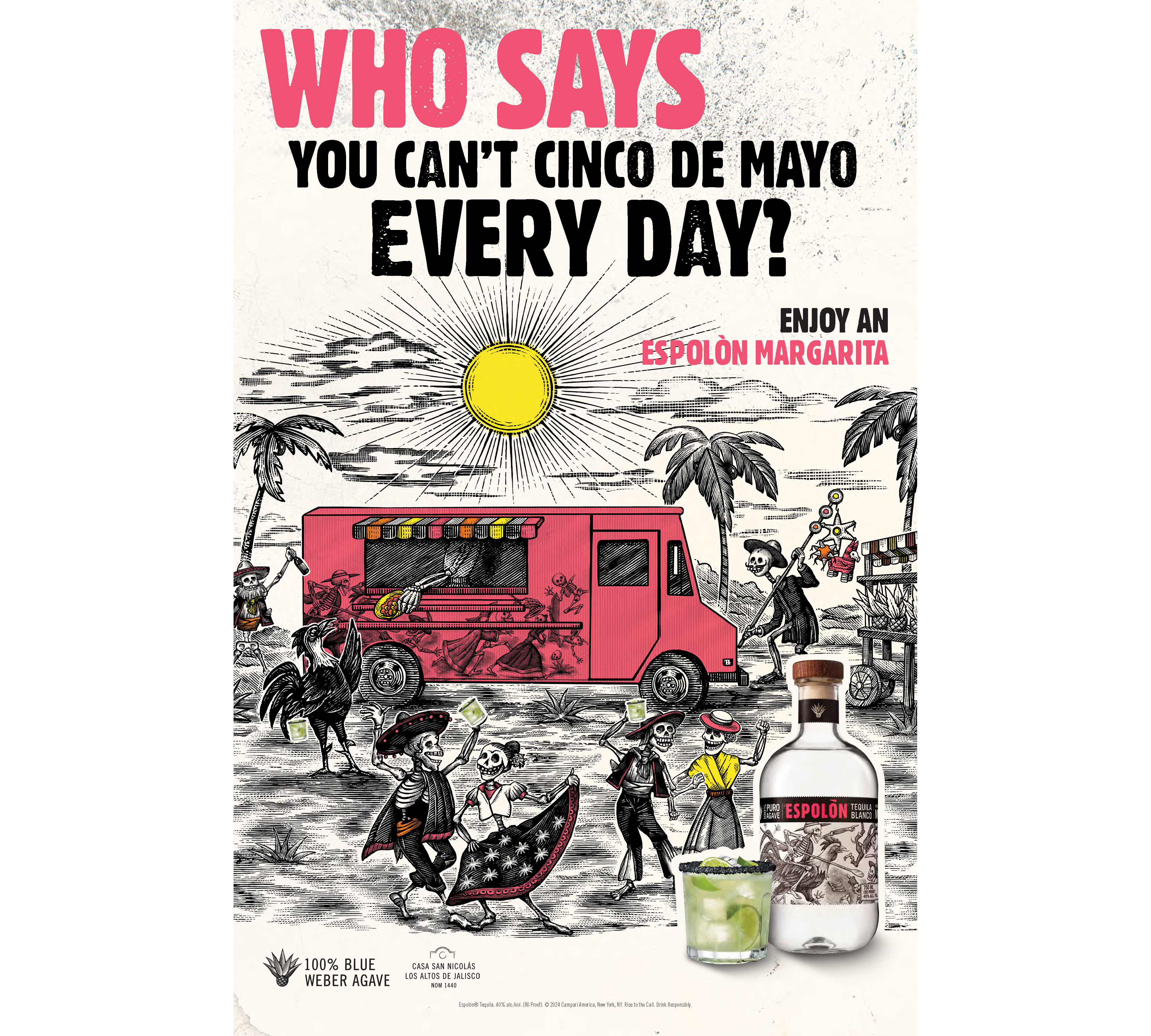 Espolon's Cinco de Mayo Print Ad drawn by Steven Noble artwork branding design drawing engraving espolon tequila etching illustration line art linocut pen and ink scratchboard steven noble woodcut