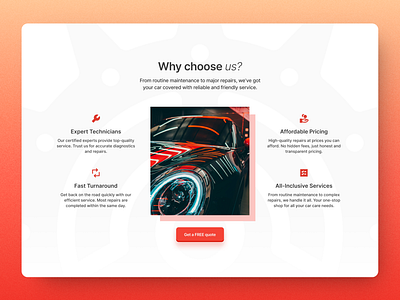 Why choose us section for a car repair shop's website car car mechanic components cta landing page minimalistic modern red web design website why us