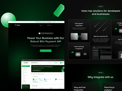 Velox Landing Page for Developers and Businesses bills payment dark mode design fintech landing page ui design