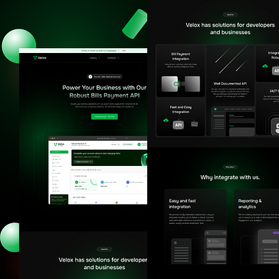 Velox Landing Page for Developers and Businesses bills payment dark mode design fintech landing page ui design