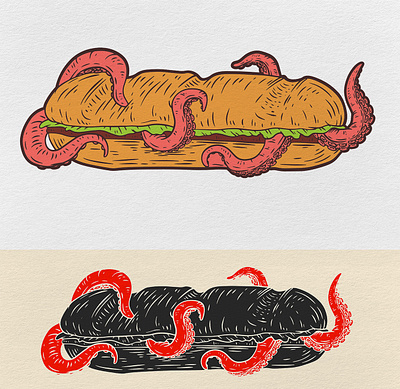 Sandwich beast cartoon character creature fast food illustration monster octopus print sandwich tasty tentacle vector