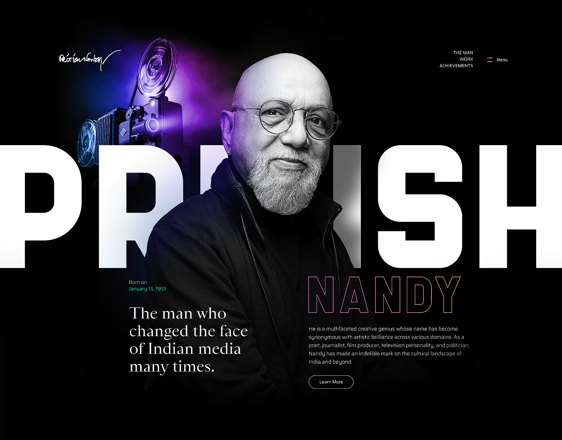 Creative Website Design For Pritish Nandy animation best creative website black creative design creative website dark theme engaging website graphic designer modern website design motion graphics portfolio website ui website