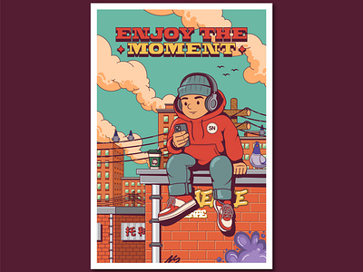 Lofi illustration boy enjoying music on the rooftop animation boy character character character design character illustration graphic design illustration kid illustration lofi motion graphics music music poster poster design poster illustration