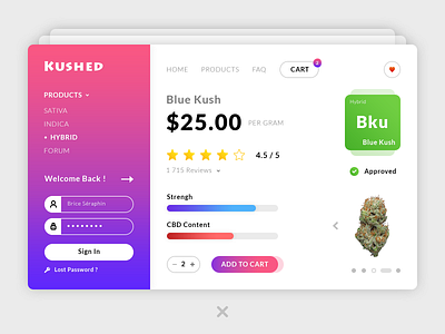 Kushed CBD approved brand branding cart cbd thc chanvre cannabis flowers graphic design illustration illustrator ai market sore photoshop psd popup print designer senior designer sign in stars rating strains strengh typo typography ui ux designer