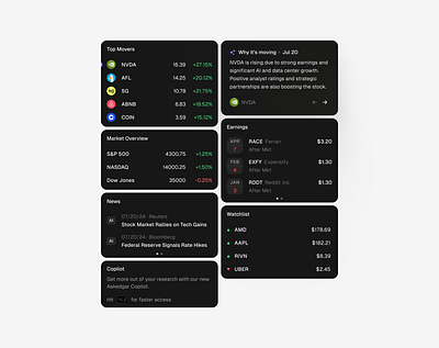 AskEdgar - Home widgets cards clean dark mode dark theme dashboard product design widgets