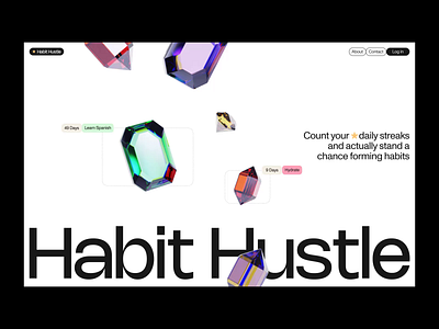 Habit Hustle 3d achievement after effects animation blender diamond emerald gems gemstone glass page wipe reminder ruby sapphire shiny stone streak tracker typography web design