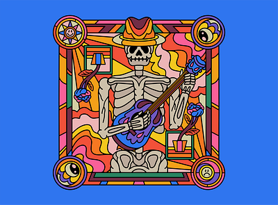 BLUES MAN accoustic album blues branding colorful cowboy death design graphic design guitar hat illustration merch mushroom music psychedelic skeleton skull ui vibrant