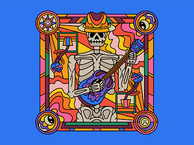 BLUES MAN accoustic album blues branding colorful cowboy death design graphic design guitar hat illustration merch mushroom music psychedelic skeleton skull ui vibrant