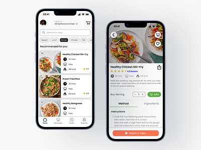 Meal Prep App cooking food healthy eating healthy lifestyle ingredients instructions meal planning meal prep mobile nutrition recipe recipe videos ui ux