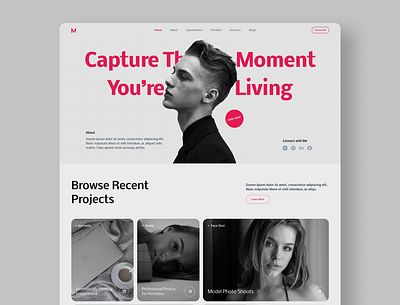 Portfolio website UI design for Photographer black branding business portfolio figma figma design figma ui home page landing page photography website portfolio portfolio website product design red ui uiux uiux design uxthrill website website design white