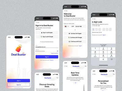 Deal Buster - Mobile App app illustrations app intro app intro screens branding deal app deal app intro screens deals in dubai app design flat illustraion intro screens ios app intro screens landing logo mobile app typography ui ux web