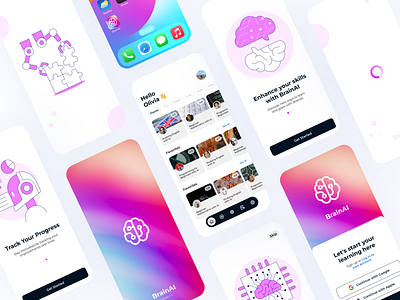 BrainAI - AI-Powered Learning App Design ai figma gradient ios minimalism mobile app onboarding pink portfolio purple ui ux