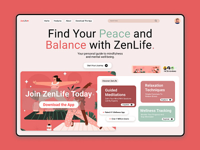 ZenLife App Landing Page! app design dribbble graphic design header illustration landing page portfolio shot ui web design wellness