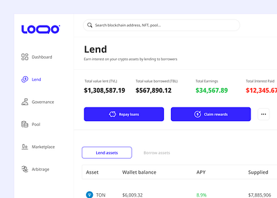 Lending/borrowing for DeFi web app