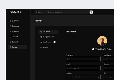 Admin profile screen for a LMS software (Dark Theme) admin dashboard clean ui dashboard design graphic design minimalistic ui ui userinterface ux web 2 web 3 website design