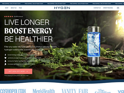 Hydrogen watter bootle Replo landing page Shopify ecommerce figma funnelish replo shopify web design web development