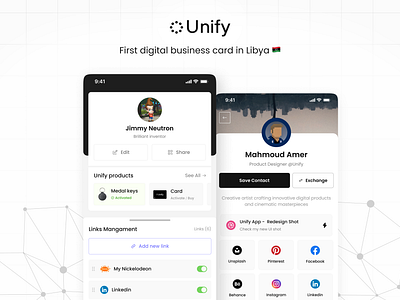 Unify App - Redesign app black busniess card design digital graphic design links profile ui ux
