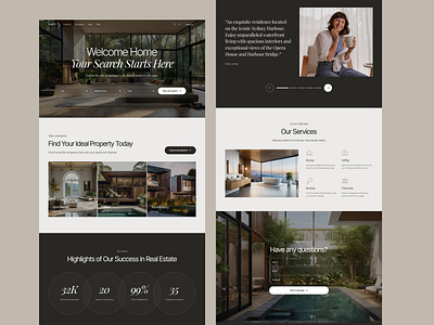 Website design for Real Estate agency booking contact form contact us factoids features hero image homepage landing landing page luxury minimalism properties property real estate real estate agency real estate website reviews testimonials website