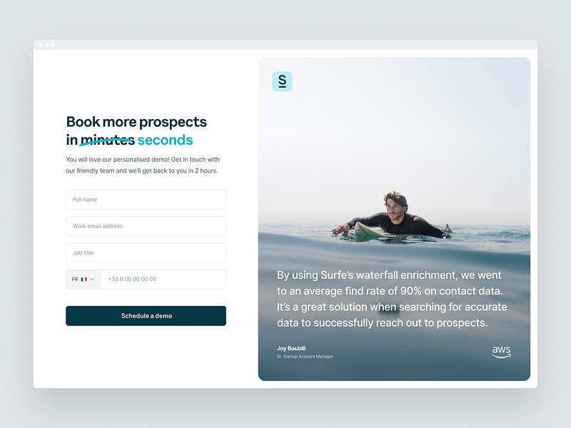 Book a demo — Surfe UI book a demo chat with us components contact form contact page contact us demo call design system figma figma design system form get in touch onboarding product design schedule a demo social proof split screen testimonial user interface web design