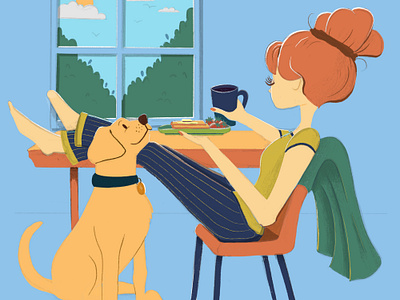 Morning Coffee at home blanket blue breakfast canine chair coffee dog ginger homey kitchen meal pajamas pet puppy quiet red head table window woman