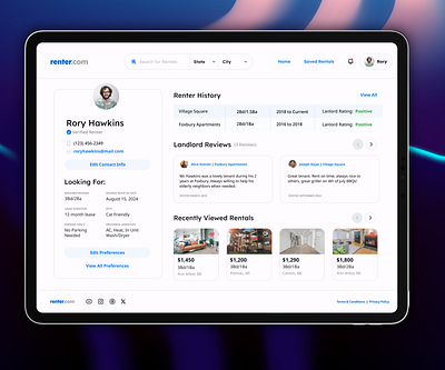 Renter - Prospective Renter Profile blue and white dailyui uidesign user profile