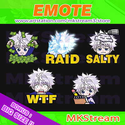 Emotes hunter x hunter killua rich, raid, salty, wtf & note pack animated emotes anime chibi cute design emote emotes gon hunter x hunter hxh illustration killua killua emotes money raid salty sub badge thunder killua twitch emotes wtf