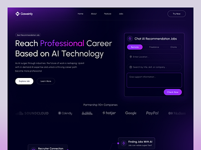 Gaweinly - AI Job Vacancy ai job vacancy aipowered careerdevelopment clean design dark mode figma gradient job job application job finder job seeker job vacancy landing page landing page design platform product design recruitment j saas website design work finder