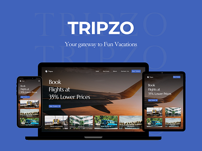 Tripzo: Your Gateway to Fun Vacations bus design flights hero hero section holiday hotel mobile mockup resort section summer tablet train travel ui ux vacations web website