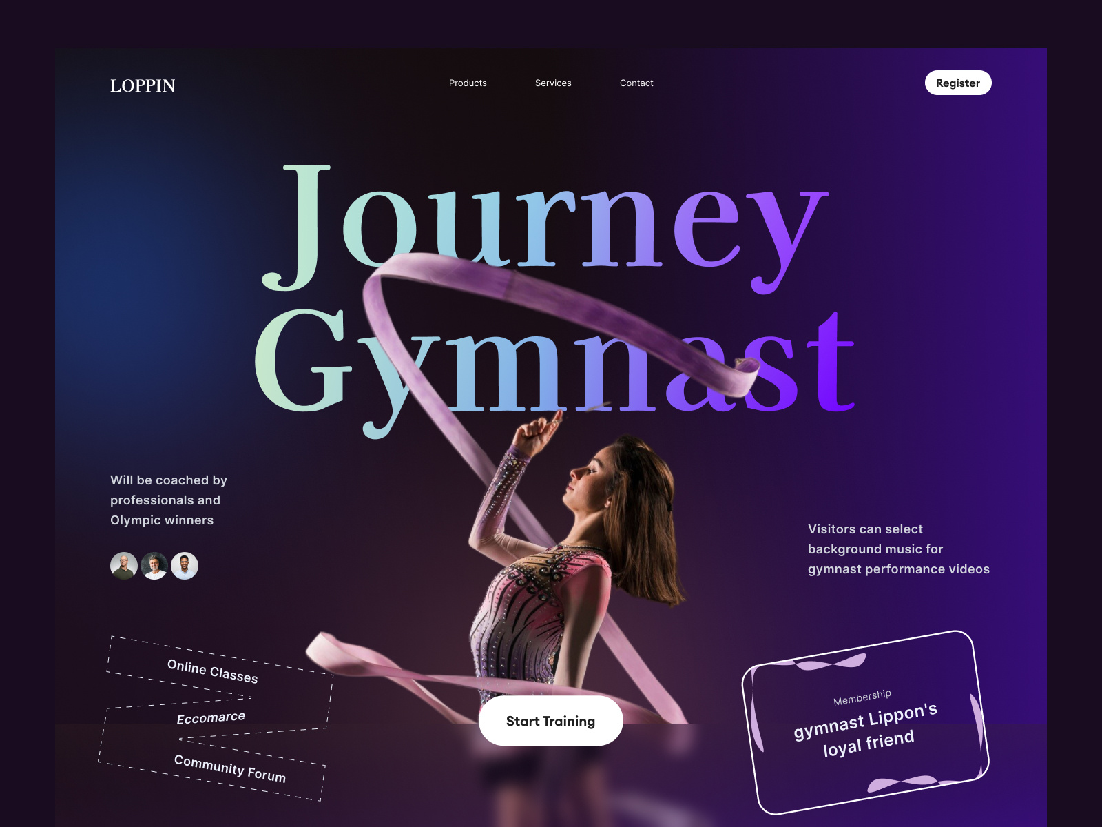 Loppin - Landing For a Gymnast business coaching dark design fitnes gym wear gymnast homepage landing page personal coach service sports sports landing page sports website startup supitar train ui website woman