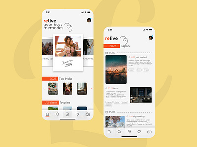 relive Mobile App Design Concept albums app design figma graphic design memories mobile app mobile app design photos scrapbook ui ux uxui design