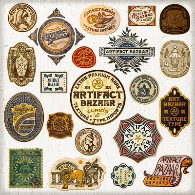 Antique Badges ancient antiquated antique font badge design bazaar brand aesthetic brand design branding cologne curios ephemera feels flash sheet font retro design rough font textured font vintage