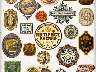 Antique Badges ancient antiquated antique font badge design bazaar brand aesthetic brand design branding cologne curios ephemera feels flash sheet font retro design rough font textured font vintage